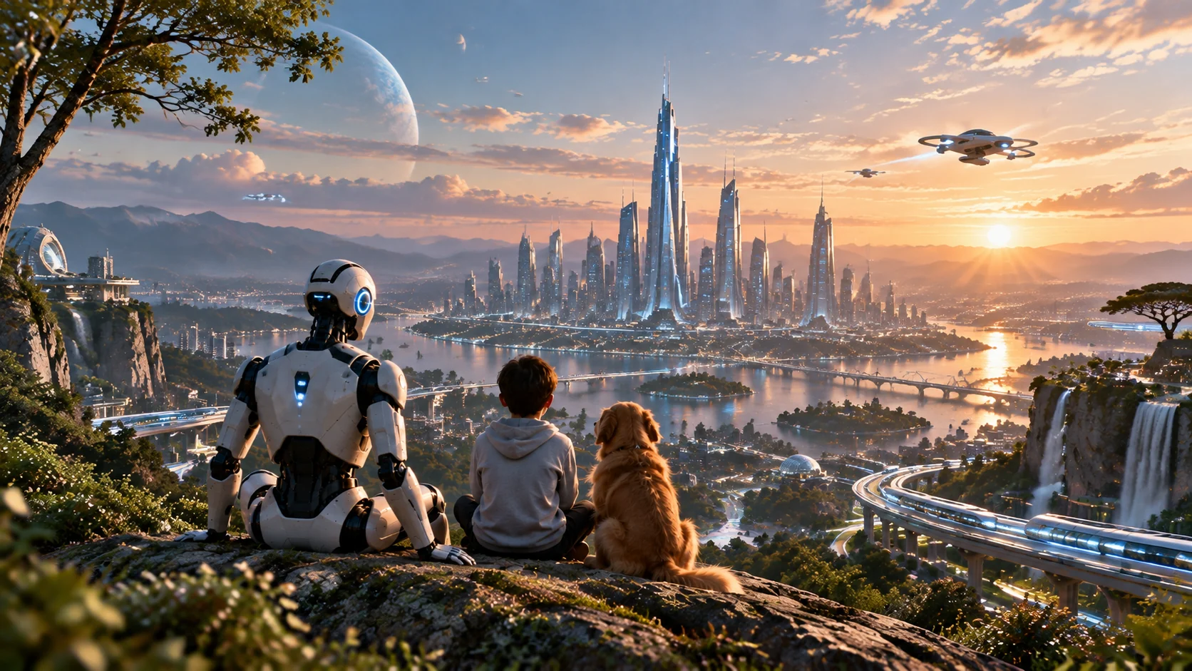 A robot, a person, and a dog looking across a futuristic city at sunrise
